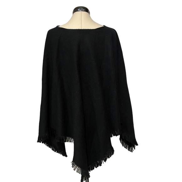 Wool Touch Acrylic Basic Black V-Neck Poncho with Fringe - Picture 2 of 4